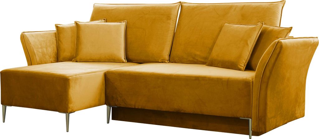 MIRJAN24 Ecksofa Bregi, Stilvoll Wohnzimmer Eckcouch mit Bettkasten und Schlaffunktion (Farbe: Tiffany 08, Füße: Gold)