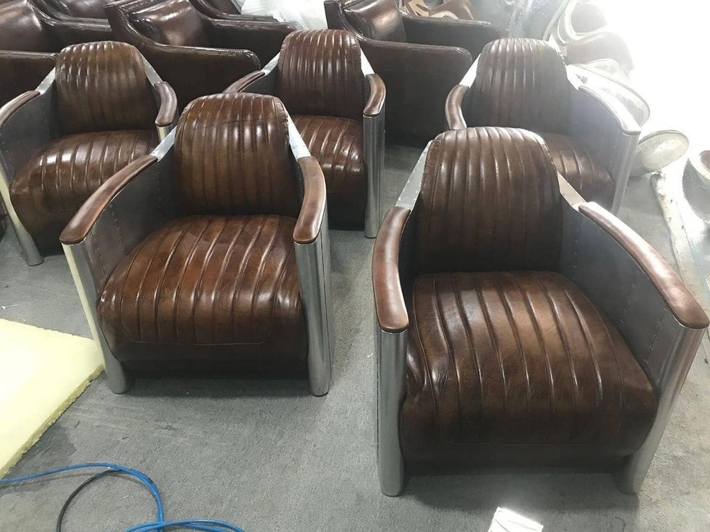 Sessel Echtleder Couch Sofa Flugzeug club Lounge Retro Aviator Vintage Aluminium