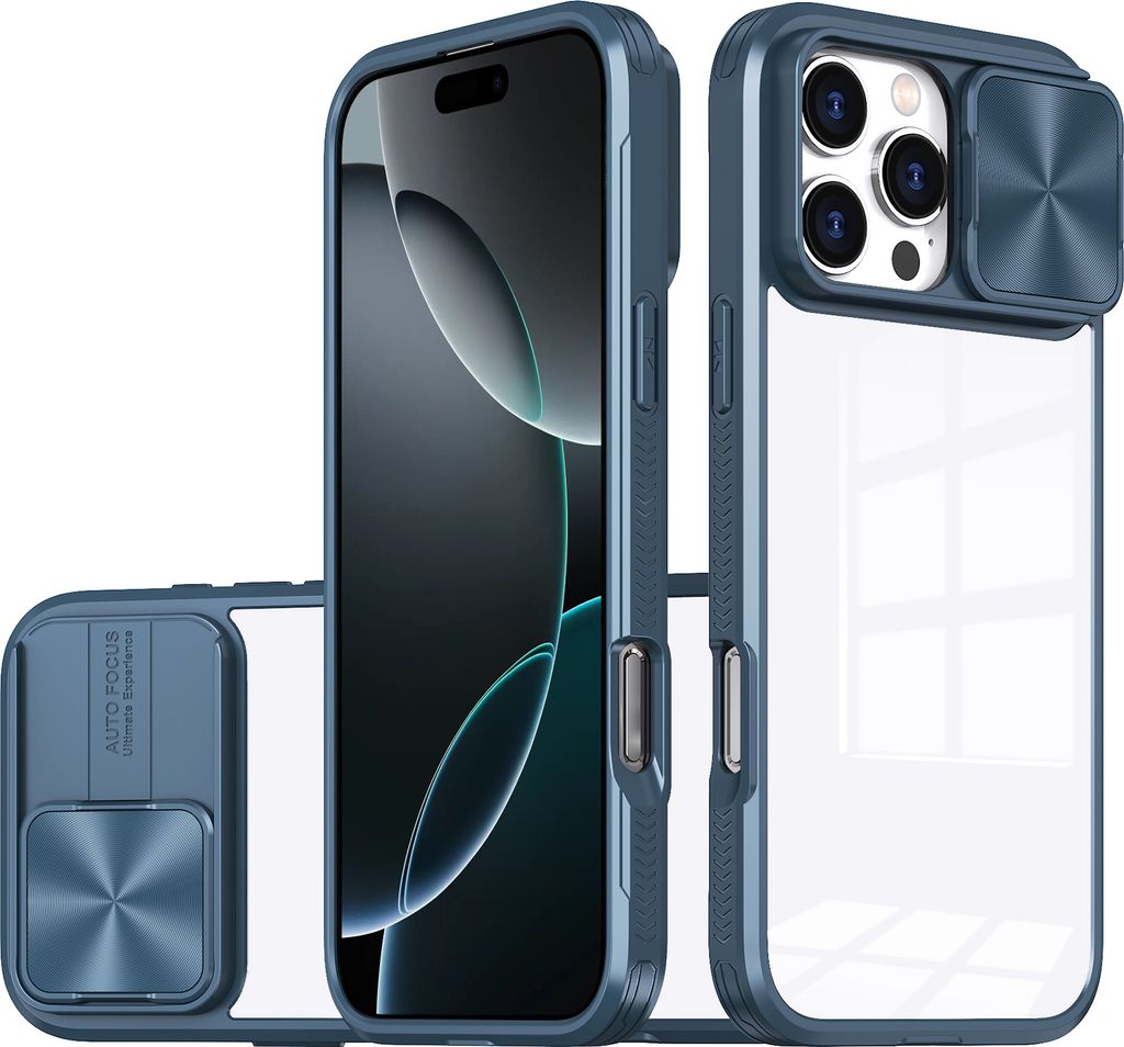 Hülle für iPhone 16 Pro Transparent TPU Bumper Schutzhülle mit Schiebe Kamera Schutz Blau