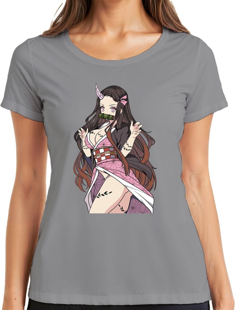 Nezuko Dämonin Bambusknebel Anime Cosplay Geschenk Manga süß Damen T-Shirt, Grau, XXL