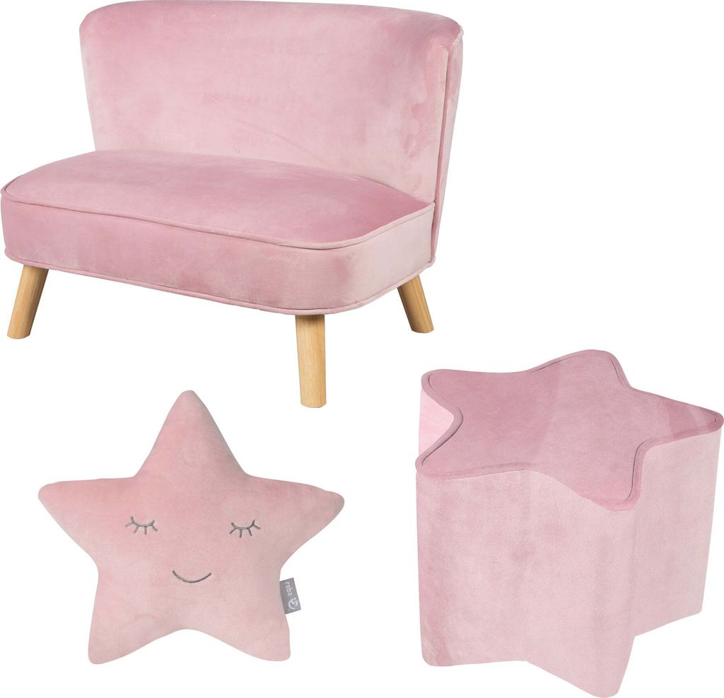 roba Bundle „Lil Sofa” enthält Kindersofa, Kinderhocker in Sternenform, Dekokissen Stern rosa/mauve