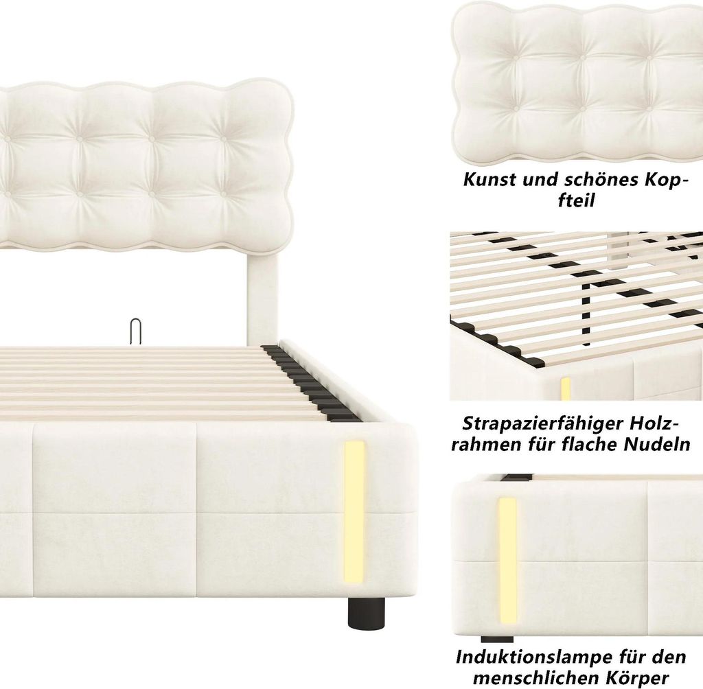 Bett - Polsterbett - Samt, LED-Stimmungslicht, Stauraum, Metallrahmen, 140x200 cm - Beige