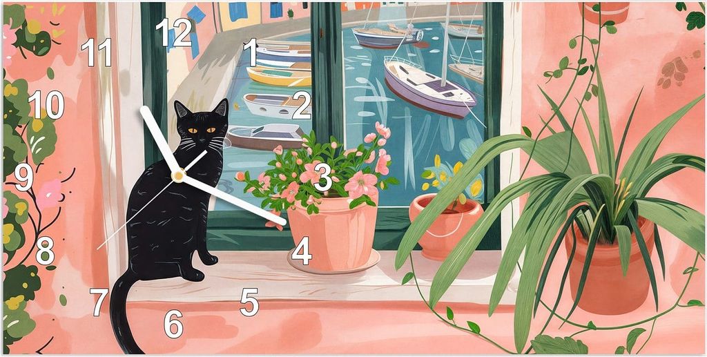 Wanduhr aus Glas mit Motiv Katze am Fenster- 60 x 30 cm - inkl. Aufhängesystem