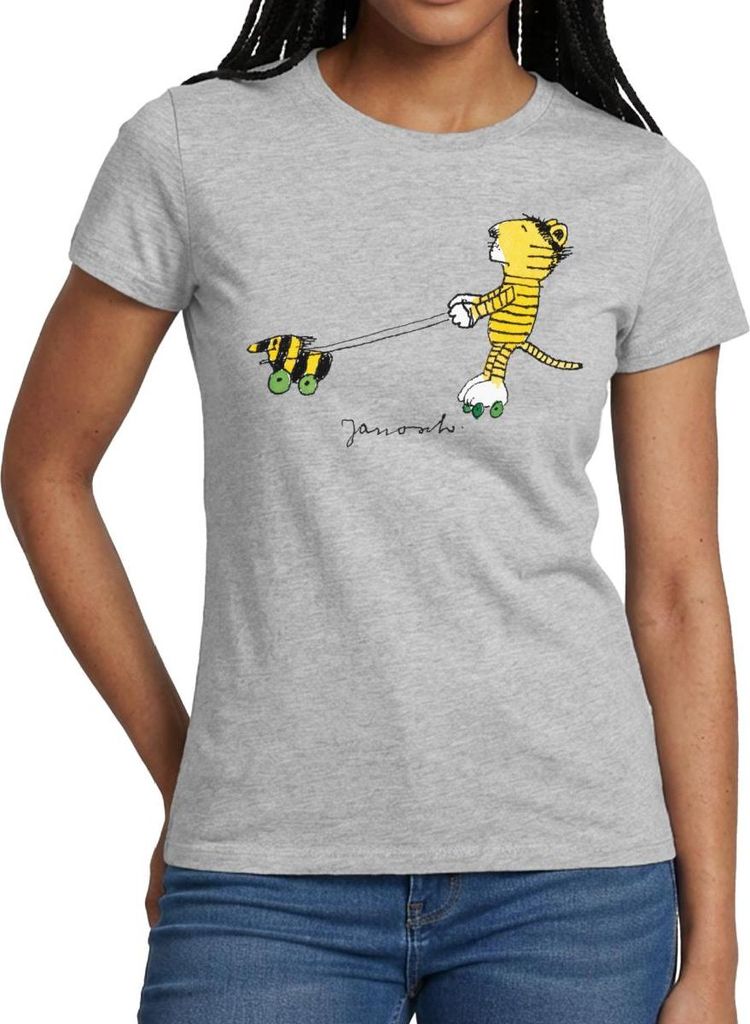 Spreadshirt Janosch Tiger auf Rollschuhen Frauen T-Shirt, M, Grau meliert