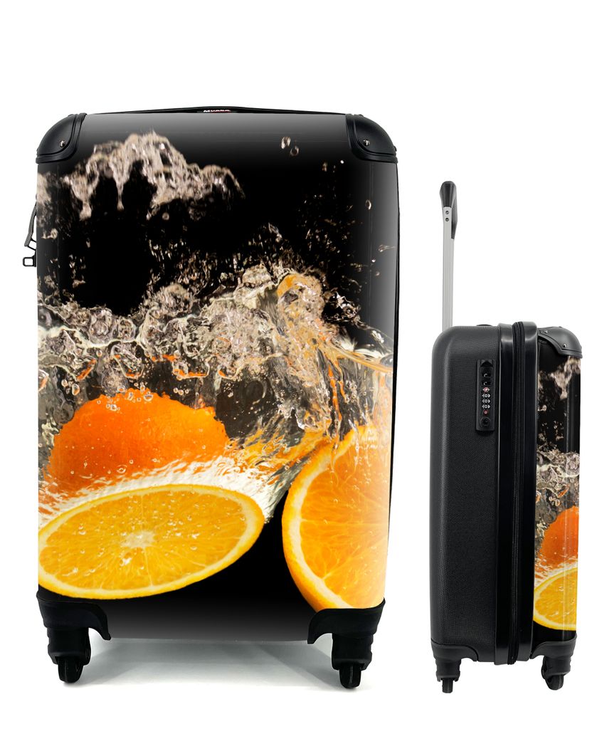 MuchoWow Koffer Handgepäck Trolley Rollkoffer Kleine Reisekoffer mit 4 Rollen - Orange - Stillleben - Wasser - Schwarz - Obst - Cabin Size < 55x...
