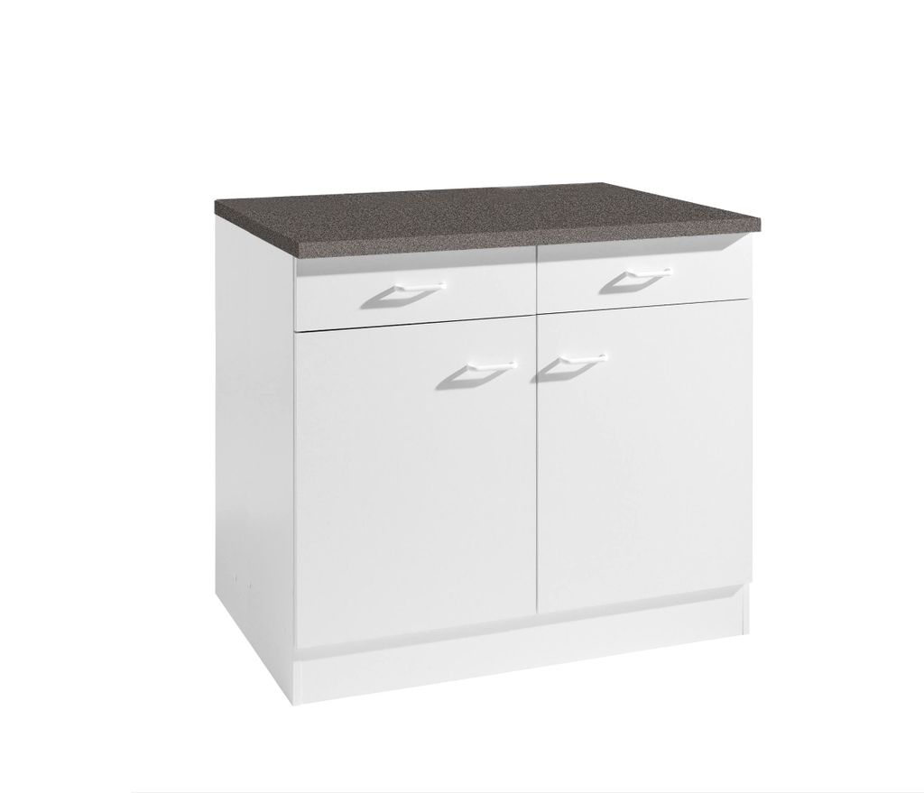 Küchen Unterschrank Start 80 cm breit 60 cm tief in weiß mit 2 Schubladen und Arbeitsplatte