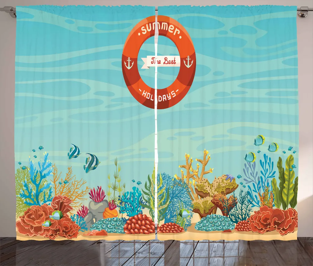 ABAKUHAUS Tenda rustica in stile nautico, Lifebuoy Corallo, soggiorno Nastro universale Tende con passanti e ganci, 280 x 175 cm, azzurro arancione