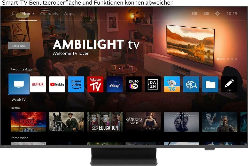 A smart TV screen displaying a user interface with various app icons and content previews.