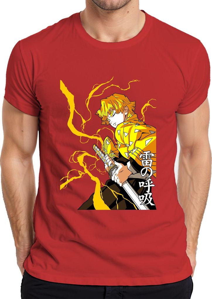 Zenitsu Kimetsu no Yaiba Blitz Schwert Anime Manga 雷の呼吸 Geschenk Herren T-Shirt, Rot, XXL
