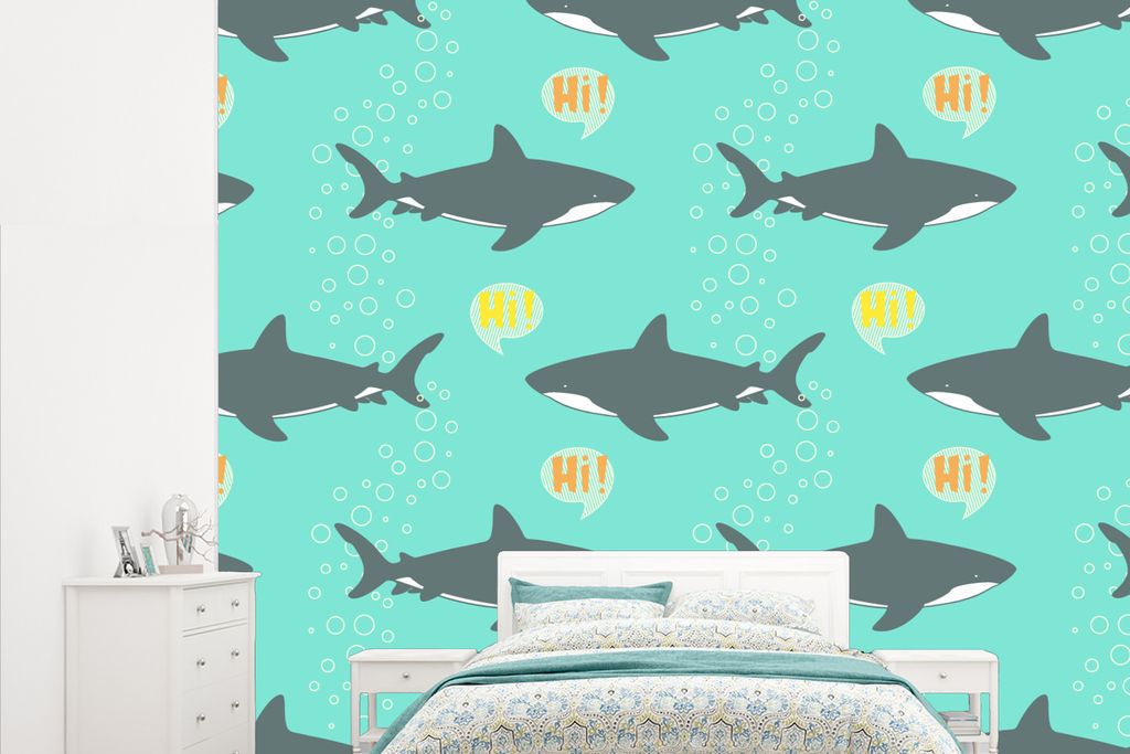 MuchoWow Fototapete für Wohnzimmer oder Schlafzimmer Wandtapete Vinyl Motivtapete Muster - Wasser - Hai - Jungen - Kind - Kinder - 265x220 cm - ...