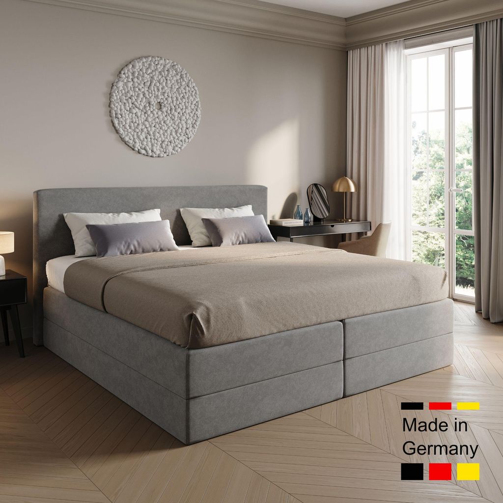 Home Collective Boxspringbett Polsterbett Bett wählbare Matratze Kaltschaum H3, gepolstertes Kopfteil, Micro-Velours | 200x200 cm | Grau