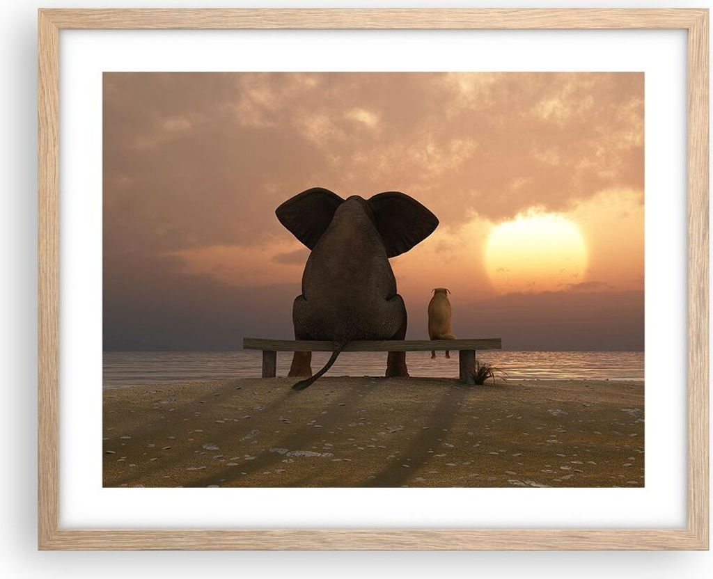 Gerahmtes Poster - Rahmen in heller Eiche - Elefant Ufer Produktbild 