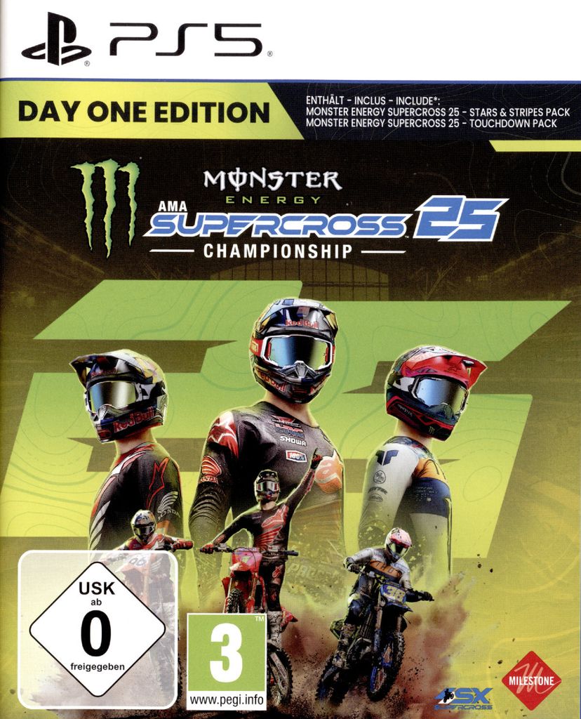 The cover art for the video game 'Monster Energy Supercross 25 - The Official Video Game'.