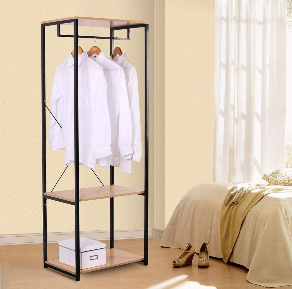 WOLTU Kleiderständer Hängeregal Kleiderstange mit Ablagen für Schlafzimmer Garderobe Ständer Metall und Holz, Schwarz+hell Eiche