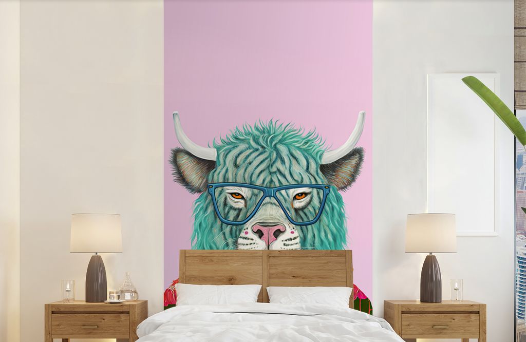 MuchoWow Fototapete für Wohnzimmer oder Schlafzimmer Wandtapete Vinyl Motivtapete Hörner - Tier - Büffel - Blumen - Kuh - 120x240 cm - Hinterg...