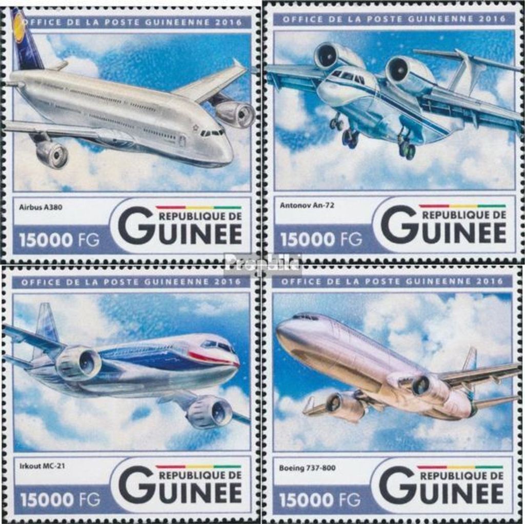 Briefmarken Guinea 2016 Mi 12096-12099 (kompl. Ausgabe) postfrisch Verkehrsflugzeuge