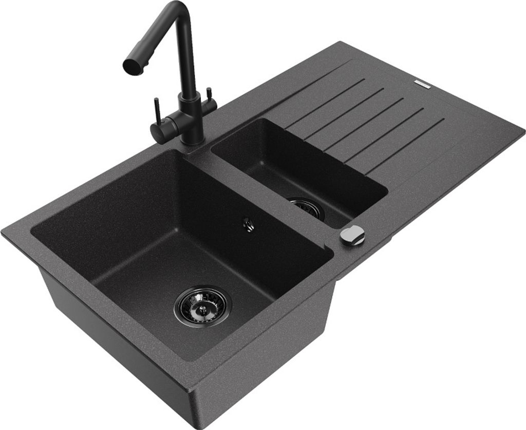 Mexen Matias 1,5-Becken-Granitspüle mit Abtropffläche und Mischbatterie Duero, Schwarz gesprenkelt - 6502-76-671600-70-B
