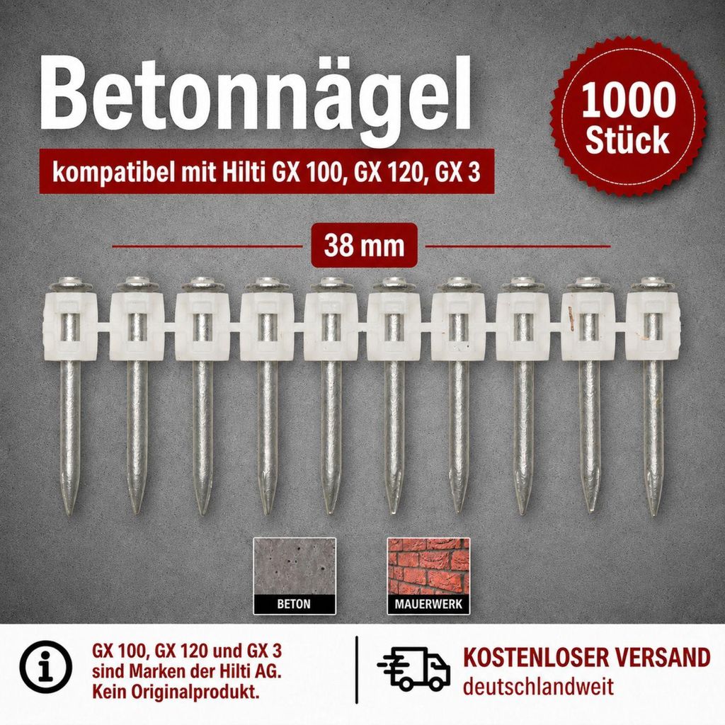 Hřebíky do betonu 38 mm 1000 kusů vhodné pro plynové Obrázek produktu 