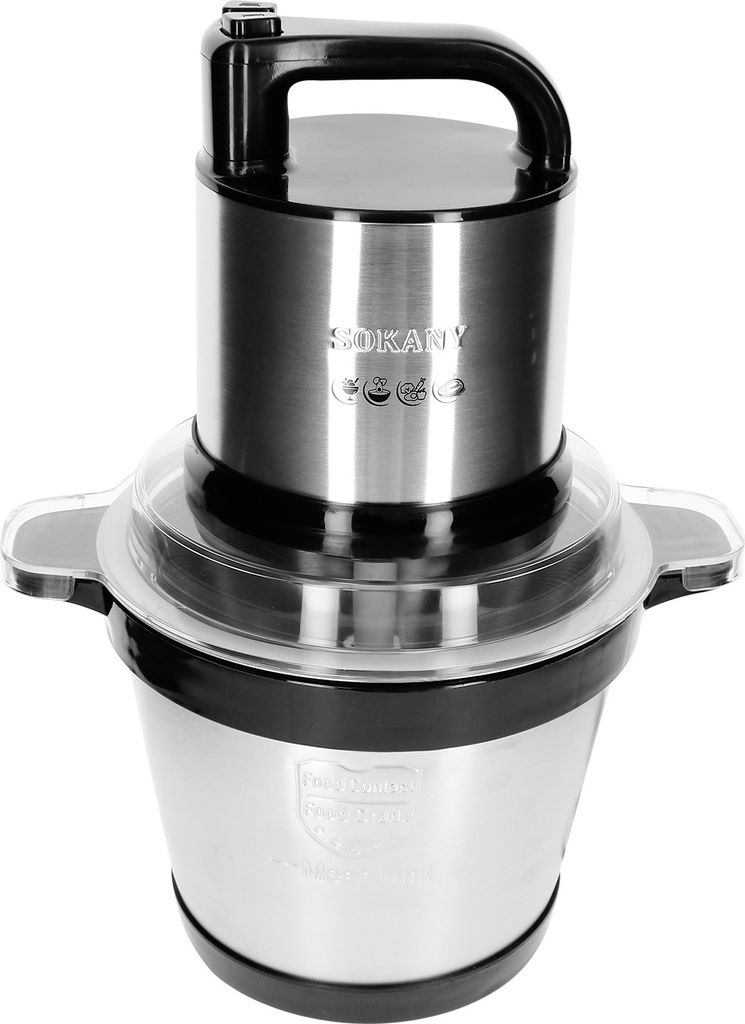 A product shot of a silver and black electric food chopper on a white background.