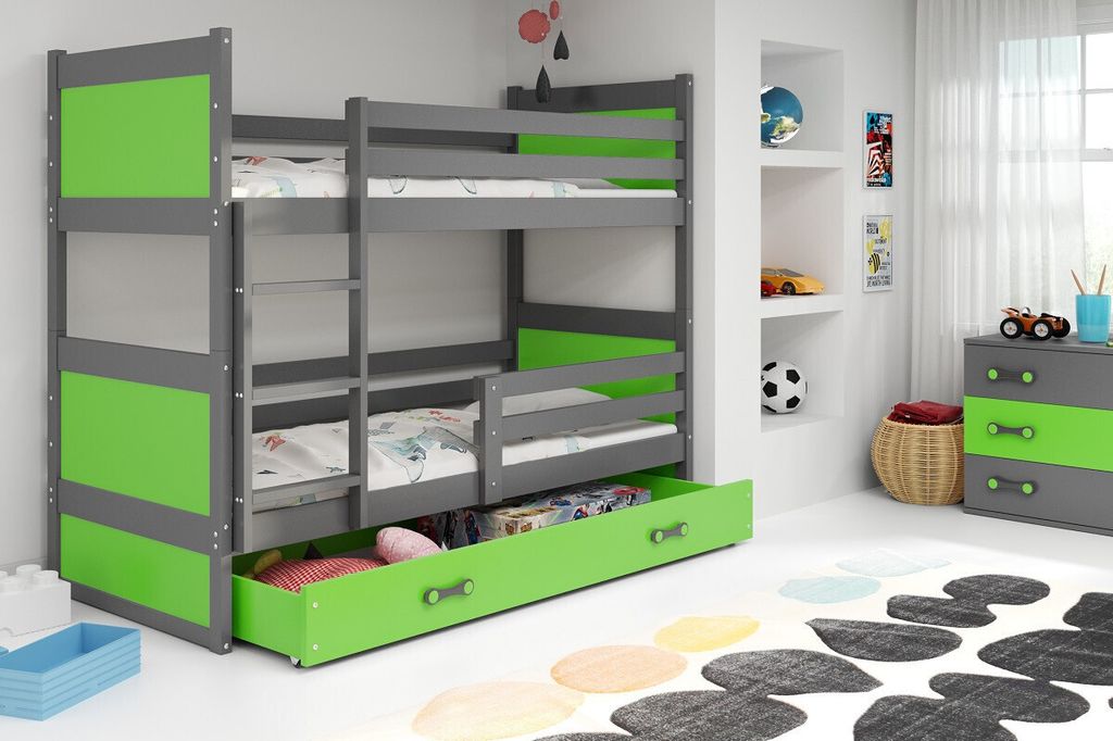 Kinderhochbett mit Stauraum und Matratzen 80x160 FERGUS – Graphit / Grün