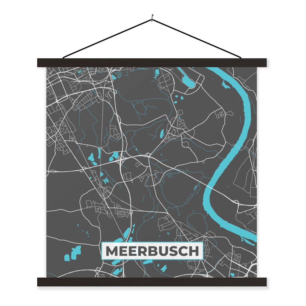 MuchoWow Textilposter Meerbusch - Stadtplan - Blau - Karte - Deutschland 90x90 cm mit schwarzem Rahmen - Magnetisches