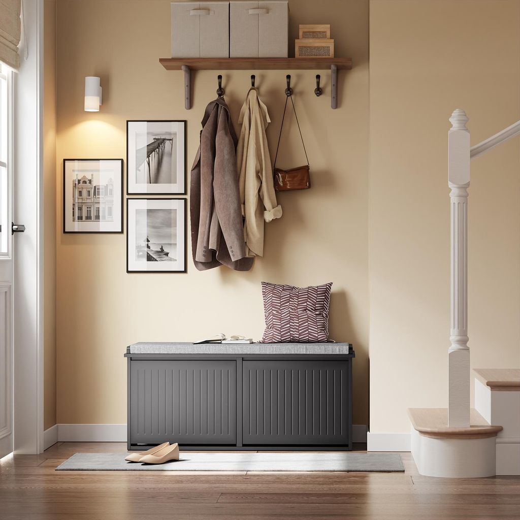 SoBuy Sitzbank mit stauraum Schuhbank mit Sitzfläche, Schuhregal mit Stauraum, Klappe, Sitzkissen, für Flur, Wohnzimmer Schwarz, FSR98-XL-SCH