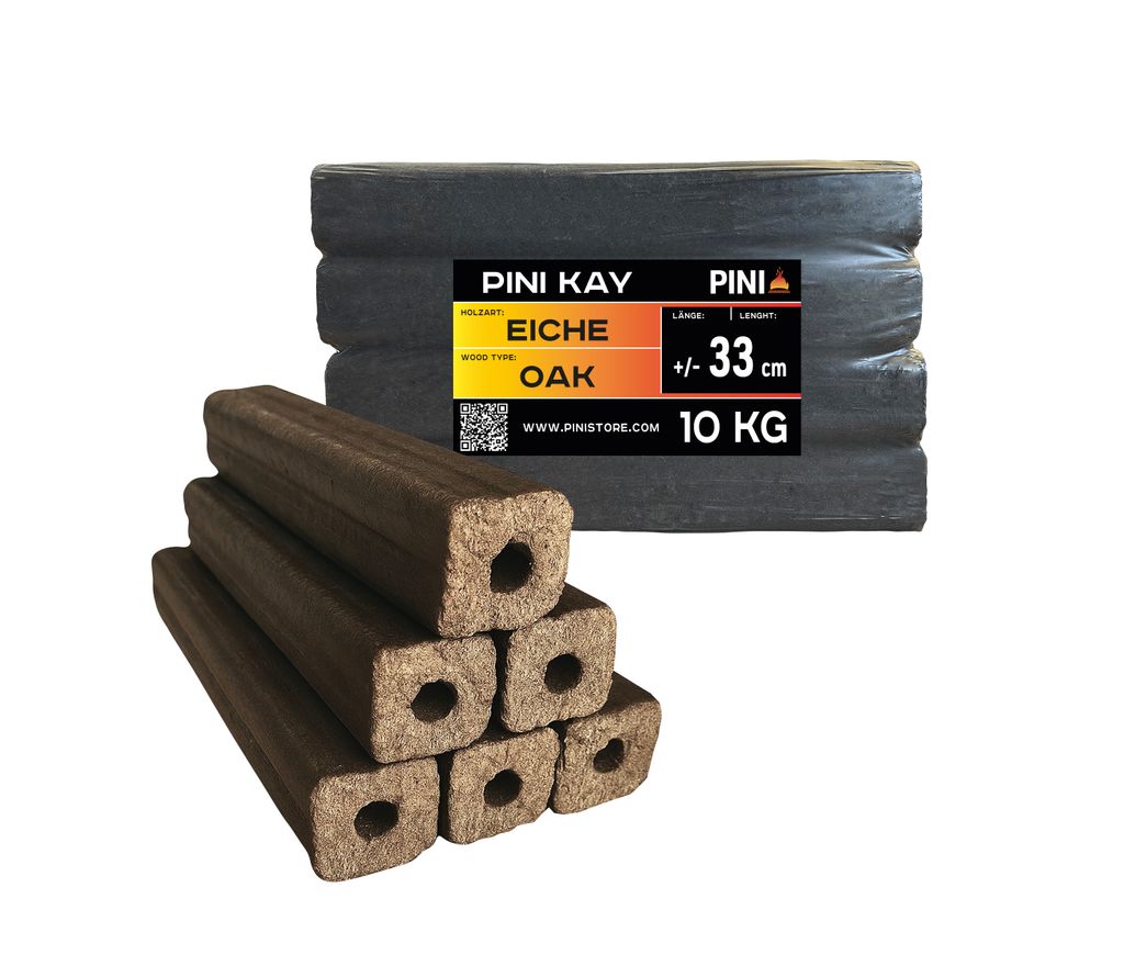 PINI Kay Eichenholzbriketts 33 cm lang viereckig mit Zugloch 10 kg Hartholzbriketts Brennholz Holzbriketts Eiche Kamin Ofen Feuerstelle Grill