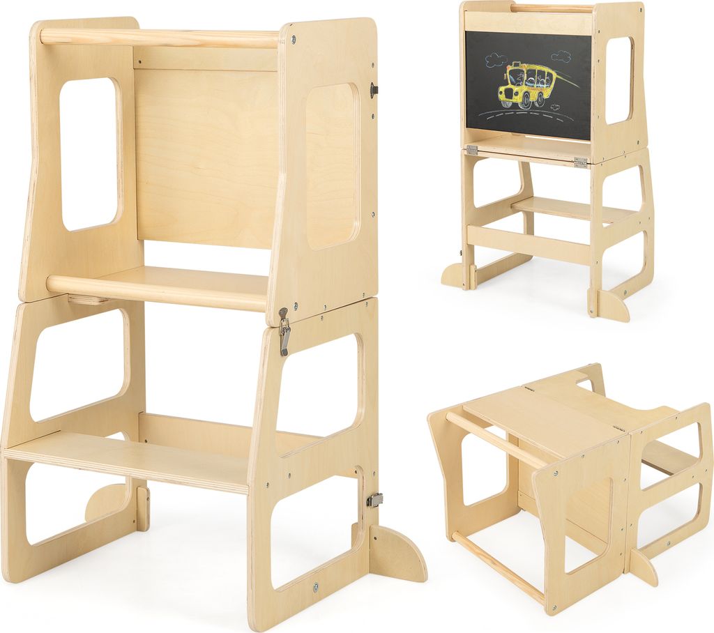 GOPLUS Lernturm für Kinder, Tritthocker mit Tafel, Tisch zum Abstillen, Hocker & Whiteboard, Montessori Küchenhelfer für Baby ab 3 Jahr bis zu 60kg