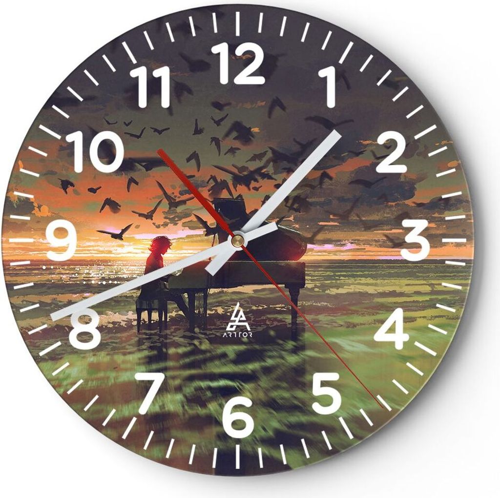 Wanduhr - Rund - Glasuhr - Klaviermusik - 40x40cm - Schleichendes Uhrwerk - Lautlos - zum Aufhängen bereit - Dekoration Modern - Wanddekoration au...