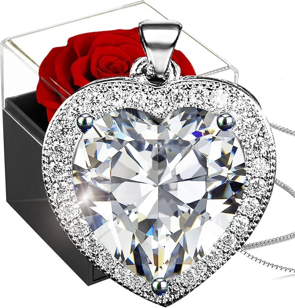 Rosa rossa eterna con pietra di nascita bianca Collana in argento 925 Collana con cuore in cristallo trasparente Scatola di rose Infinity Regalo di San Valentino per la mamma