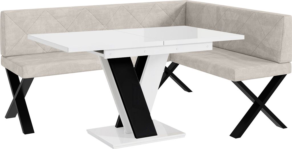 MEBLINI Eckbank für Esszimmer mit ausziehbarem Tisch - Küchenbank - Essecke - Sitzecke Küche - ERIC - X-Beine 128x168x87cm Rechts - Beige Samt/M...