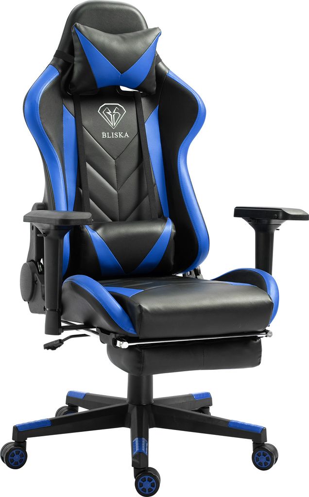 Gaming Stuhl mit Fußstütze und ergonomsichen 4D-Armlehnen gaming chair in ergonomischer Sportsitz Optik Gamer Stuhl mit verstellbaren Rückenstü...