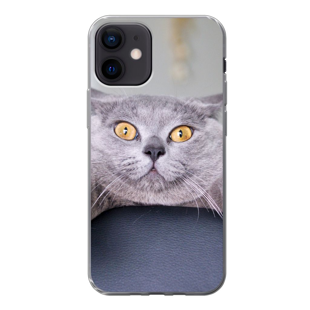 MuchoWow Handyhülle Schutzhülle Hülle für iPhone 12 Katze - Angst - Stuhl Silikon Softcase Handy Hülle - Schutzhülle