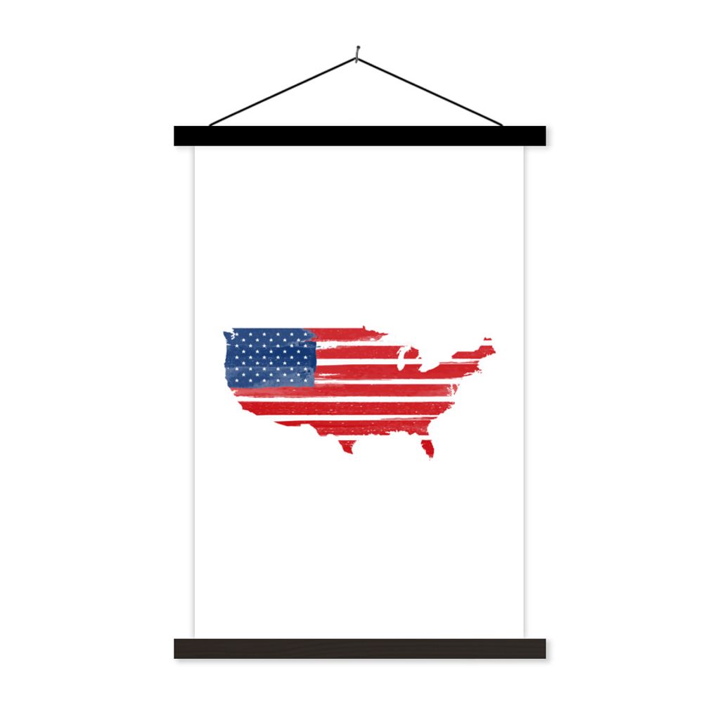 MuchoWow Textilposter Karte mit Flagge U.S.A. 60x90 cm mit schwarzem Rahmen - Poster Wohnzimmer