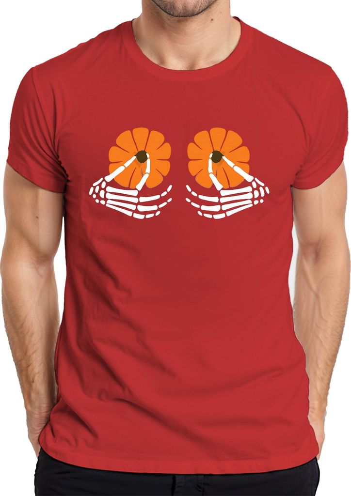 Skeletthände Kürbis Brüste Halloween Gothisch Tag der Toten Herbst Herren T-Shirt, Rot, L