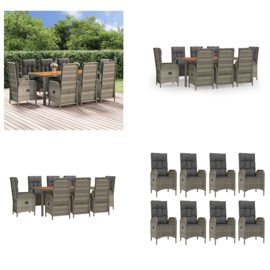 vidaXL 9 tlg. Garten Essgruppe mit Kissen Grau Poly Rattan - Garten Essgruppe - Garten Essgruppen - Essgruppe - Essgruppe Terrasse