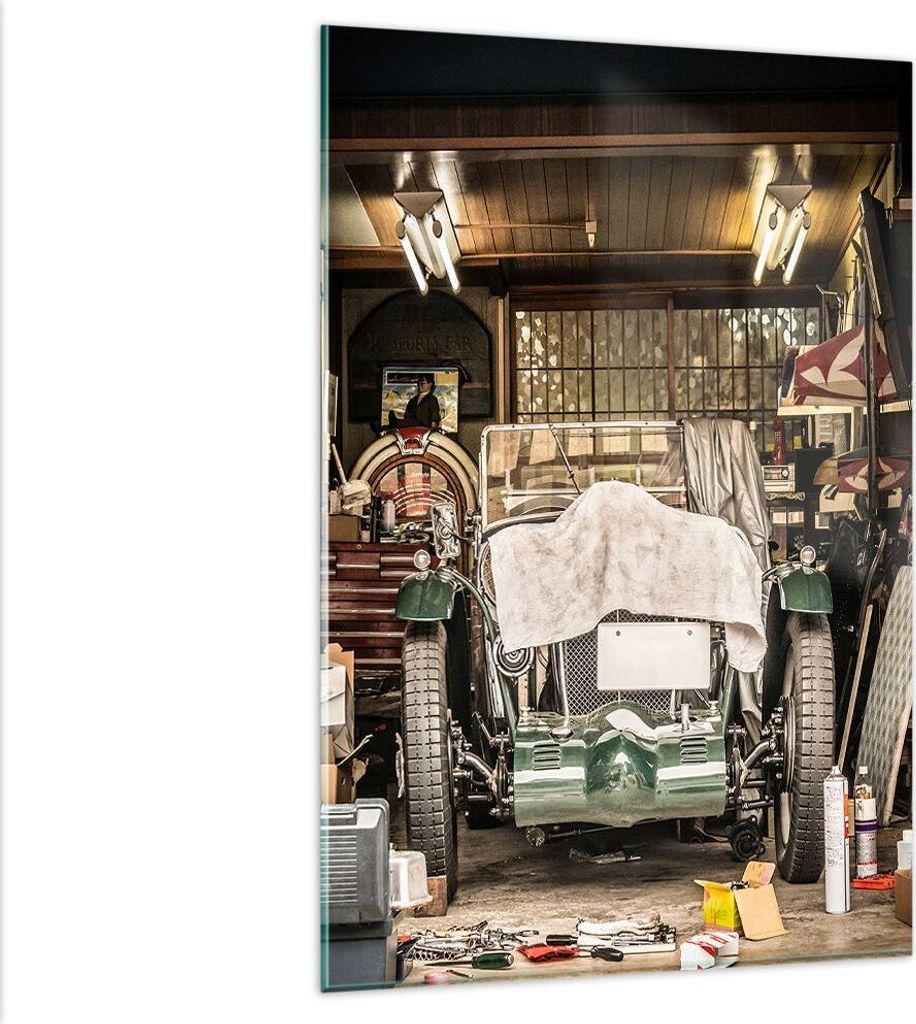 Bilder auf glas - Einteilig - Historisch Auto Garage - 80x120cm - Glasbilder - Wandbilder - Bilder - zum Aufhängen bereit - Wanddekoration aus Gla...