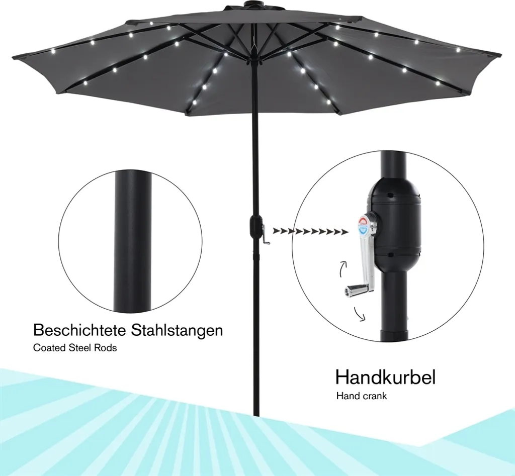 Mucola Parasol de jardin 3m Gris avec LED Pivotant 360° Terrasse