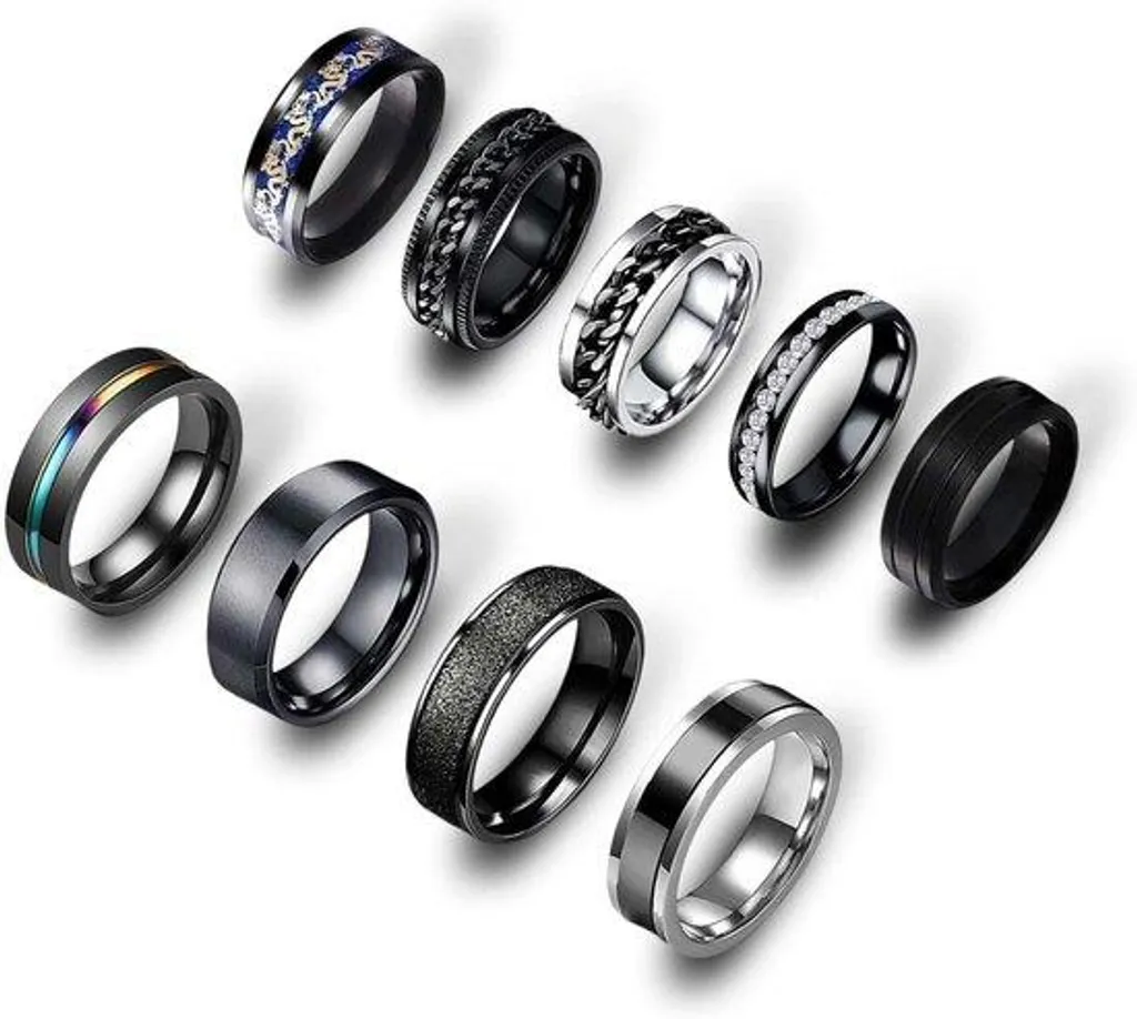 Lot de 9 anneaux rotatifs anti-stress noirs pour homme en acier titane