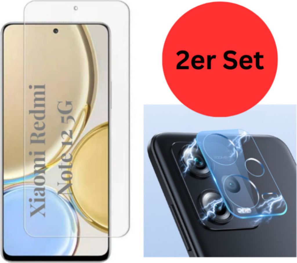 CLM-Tech 2er Set Displayschutzfolie kompatibel mit Xiaomi Redmi Note 12 5G - 1X Panzerfolie + 1X Kameraschutz Kameraglas Panzerglas Crystal Clear D...