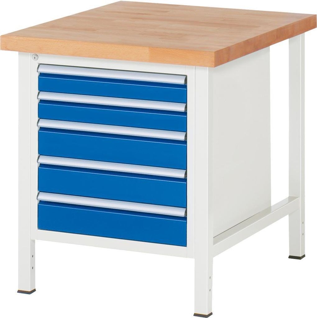 Werkbank mit 5 Schubladen - Teilauszug - 90:2 / 120:3 - höhenverstellbar 840-1.040 mm - 750 x 900 mm (BxT) - Traglast 1.250 kg - Buche