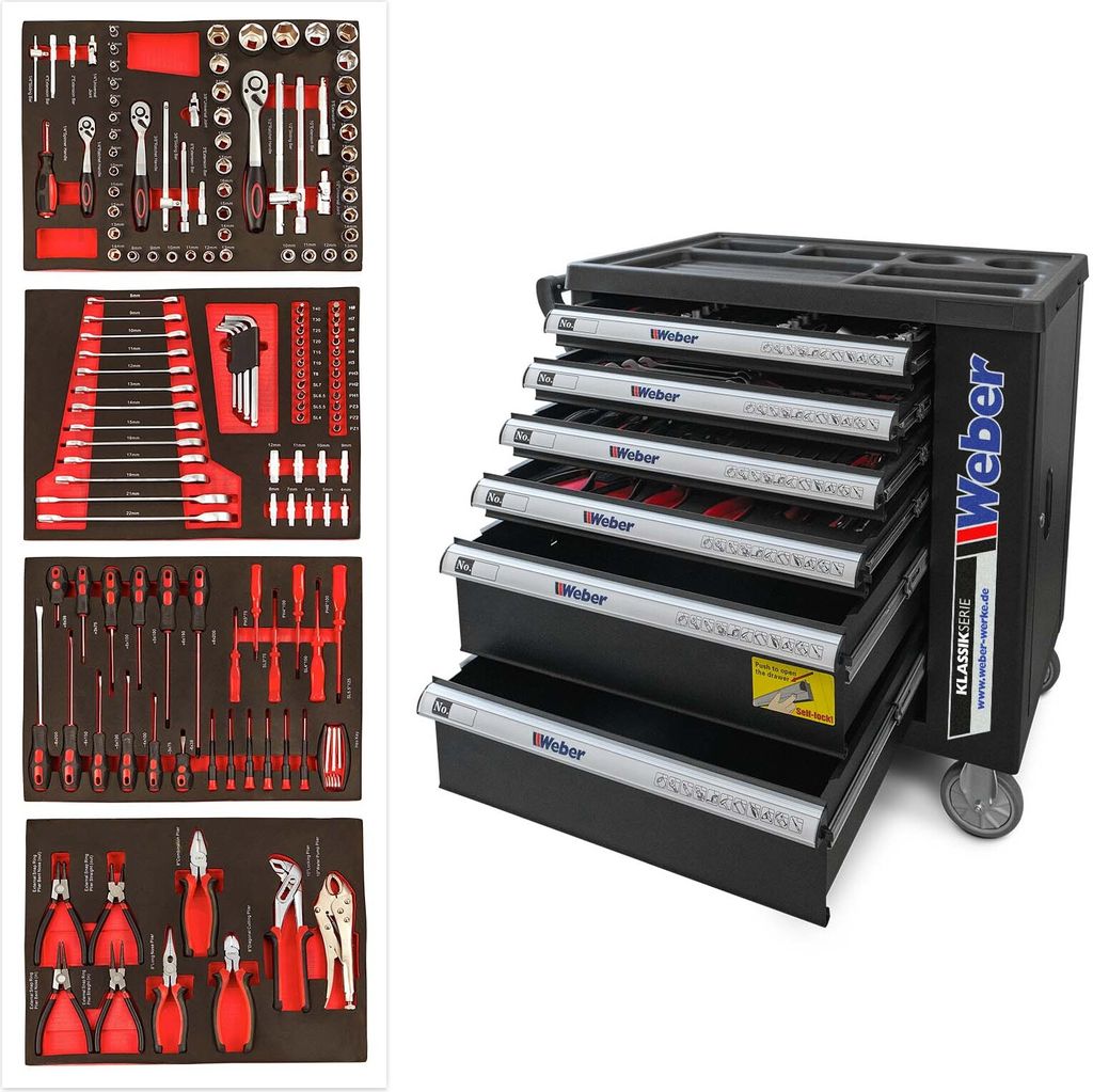 Weber Mobiler Werkstattwagen 154-teilig mit 6 Schubladen von 4 mit Werkzeug bestückt mit Rollen Rollwagen schwarz / rot Werkzeugwagen