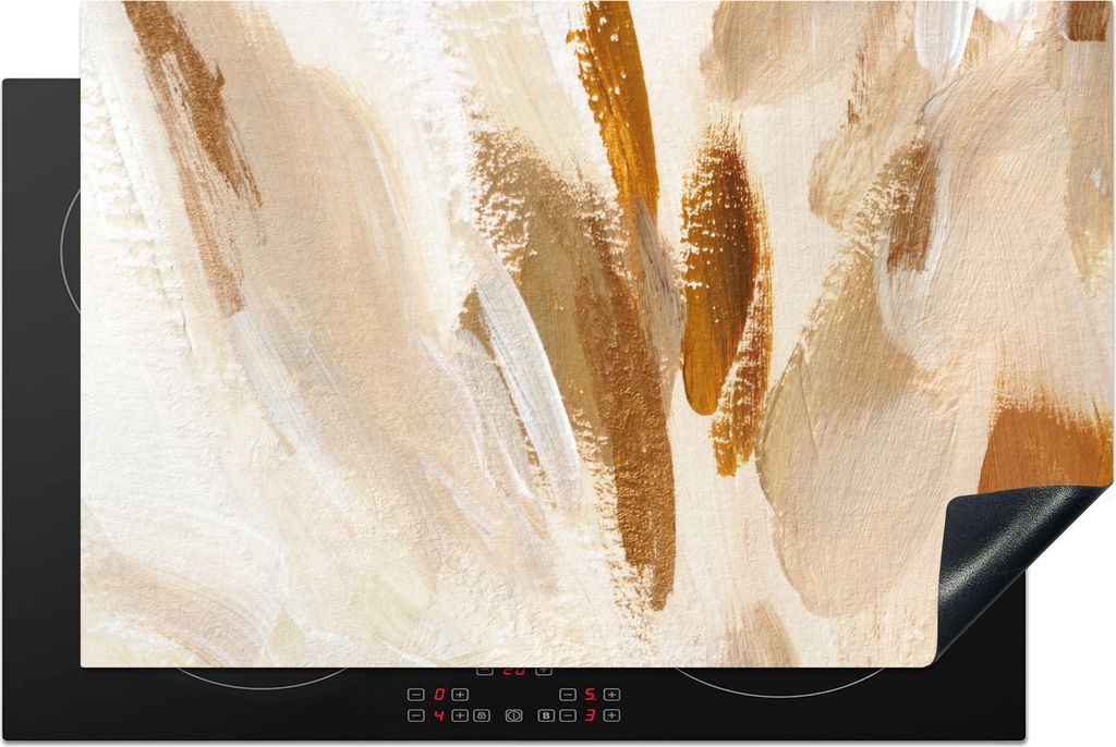 KitchenYeah Herdabdeckplatte Weiß - Braun - Abstrakt , 81x52cm, Küche Deko, Glaskeramikfeld Herdabdeckung, Abdeckplatte fùr Kochfeld