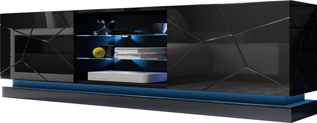 MIRJAN24 TV-Lowboard Qiu 200, Stilvoll TV-Schrank, Design, MDF-Platte (Schwarz / Schwarz Hochglanz, mit LED Beleuchtung)