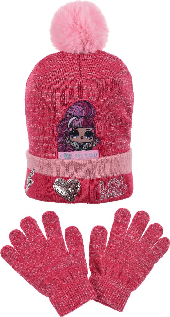 L.O.L. Surprise! Kinder Mädchen Winter-Set Mütze + Handschuhe Bommel, Größe:52