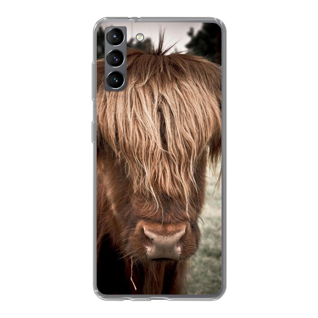 MuchoWow Handyhülle Schutzhülle Hülle für Samsung Galaxy S21 Plus Schottischer Highlander - Baum - Gras Silikon Softcase Handy Hülle - Handy...