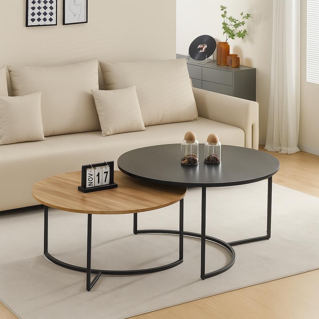 A living room scene with a couch and coffee tables.