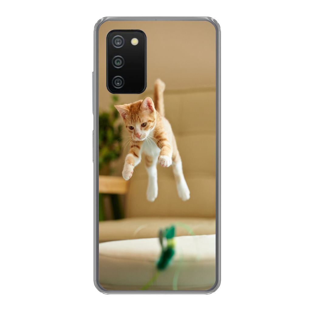 MuchoWow Handyhülle Schutzhülle Hülle für Samsung Galaxy A03s Katze - Springen - Spielzeug Silikon Softcase Handy Hülle - Schutz