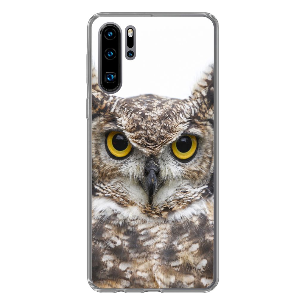 MuchoWow Handyhülle Schutzhülle Hülle für Huawei P30 Pro Porträt einer braunen Eule auf weißem Hintergrund Silikon Softcase Handy Hülle - ...