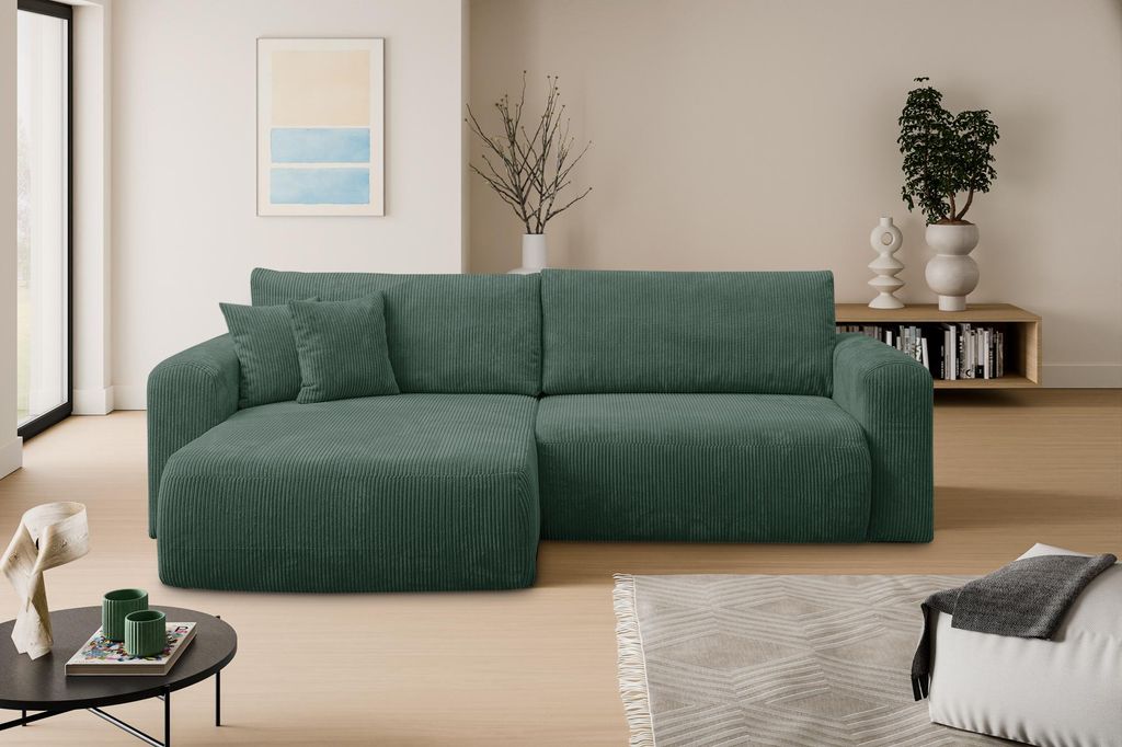 VENASI ROMA Universell Ecksofa mit Schlaffunktion und Bettkasten Cord GRÜN Schlafsofa Sofa